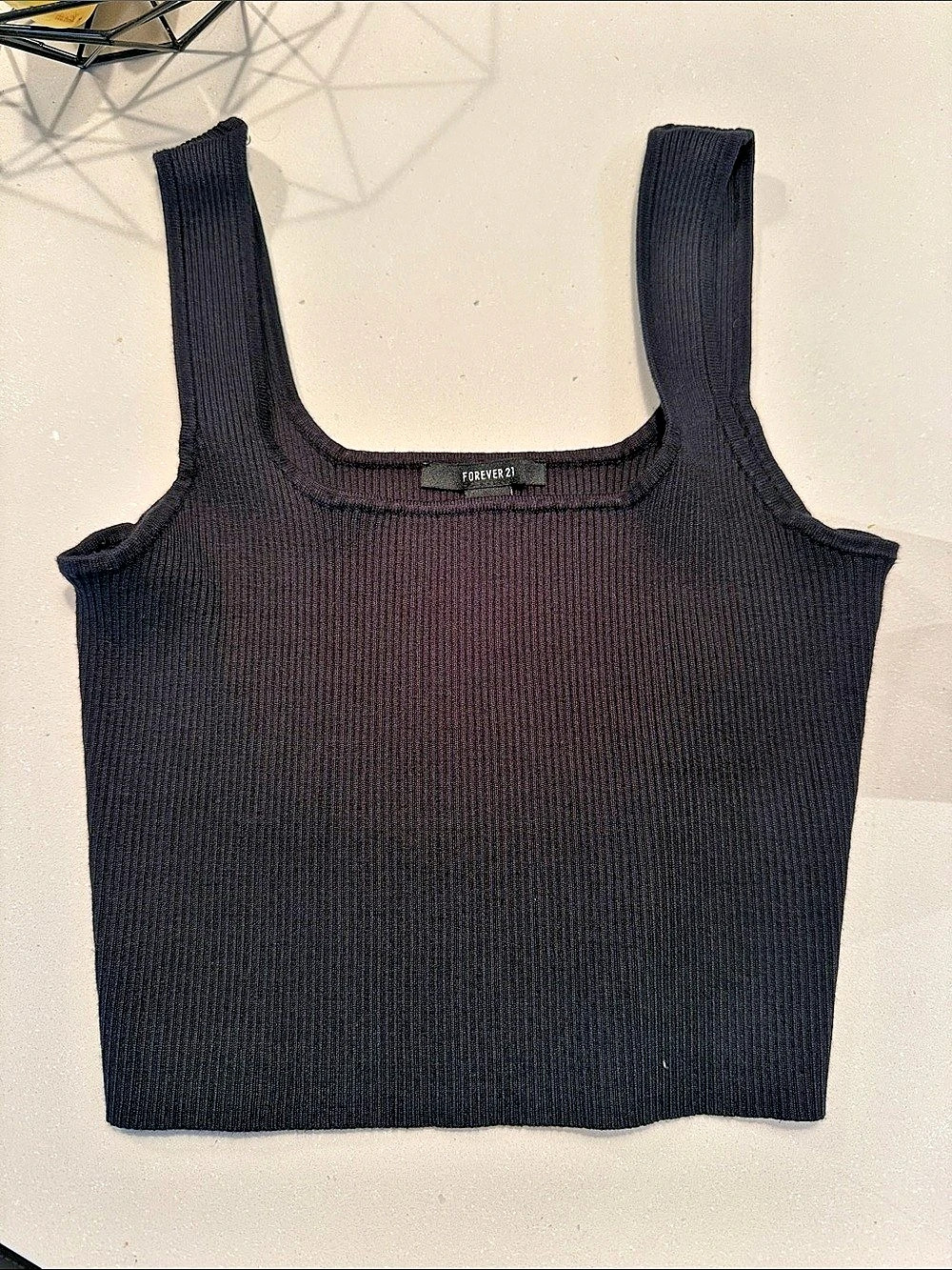 Forever 21 Ribbed Square-Neck Crop Tank Top Black Medium